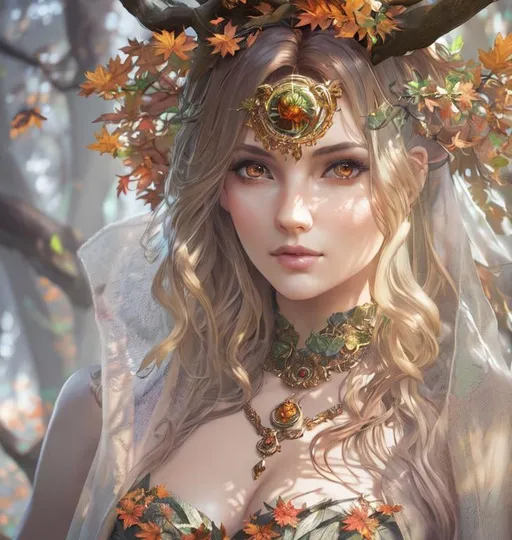 Prompt: dryads autumnal feminine great beauty and very beautiful physical features, just behind her oak surrounded by a thick autumnal forest volumetric soft lighting warm colors 8k resolution by Greg Rutkowski, Artgerm, Alphonse Mucha dynamic lighting hyperdetailed intricately detailed Splash art trending on Artstation Unreal Engine 5 volumetric lighting