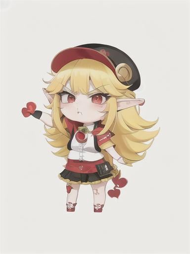 Prompt: chibi elf girl with a cute face, angry pouting, yellow hair, big red eyes, (wears a red Gavroche cap with a black visor, has a brooch on the left of the cap, 2 long white feathers come out of the brooch), the cap Gavroche has an embroidery on the front with a 4-leaf clover, waves her arms to the sides in frustration, she wears a red trench coat with a hood and a light brown or cream colored scarf, her hands are in fists, she is carrying a bag brown from which hangs a cream-colored wool doll similar to a ball, a white baggy shorts, 2 legs with brown shoes