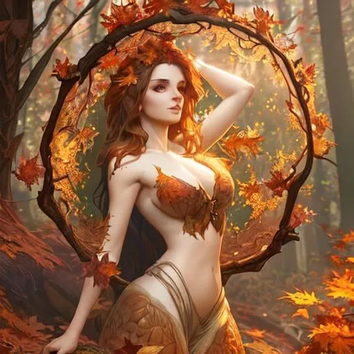 Prompt: dryads autumnal feminine great beauty and very beautiful physical features, just behind her oak surrounded by a thick autumnal forest volumetric soft lighting warm colors 8k resolution by Greg Rutkowski, Artgerm, Alphonse Mucha dynamic lighting hyperdetailed intricately detailed Splash art trending on Artstation Unreal Engine 5 volumetric lighting