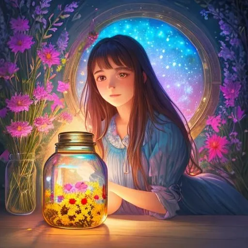 Prompt: a portrait of a girl with flowers in a jar, in the style of detailed dreamscapes, storybook illustration, glowing colors, multidimensional shading, mysterious nocturnal scenes 