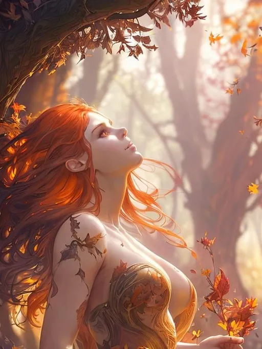 Prompt: dryads autumnal feminine great beauty and very beautiful physical features, just behind her oak surrounded by a thick autumnal forest volumetric soft lighting warm colors 8k resolution by Greg Rutkowski, Artgerm, Alphonse Mucha dynamic lighting hyperdetailed intricately detailed Splash art trending on Artstation Unreal Engine 5 volumetric lighting