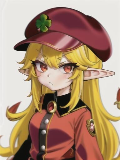 Prompt: chibi elf girl with a cute face, angry pouting, yellow hair, big red eyes, (wears a red Gavroche cap with a black visor, has a brooch on the left of the cap, 2 long white feathers come out of the brooch), the cap Gavroche has an embroidery on the front with a 4-leaf clover, waves her arms to the sides in frustration, she wears a red trench coat with a hood and a light brown or cream colored scarf, her hands are in fists, she is carrying a bag brown from which hangs a cream-colored wool doll similar to a ball, a white baggy shorts, 2 legs with brown shoes