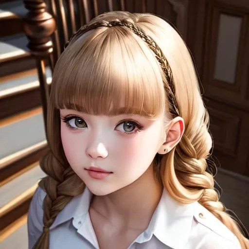 Prompt: ((best quality)), masterpiece, full body, (extremely detailed face), facing viewer, view from above, (1 girl), ((((((glazed stair)))))), single braid, blunt bangs