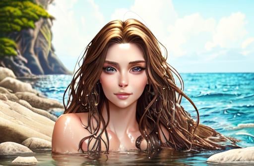 Prompt: realistic portrait of a mermaid half woman half fish tail longer than the torso, frolicking sitting on the rocks above the water, wet hair, perfect proportion,  Defined face, perfect eyes, beautiful face, well detailed and defined, defined, sensual lips with a beautiful smile, hair with a brown color gradient to gold balayage, 