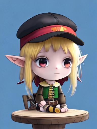 Prompt: chibi elf girl with a tender face, sitting in front of a table, yellow hair, large contrasting eyes between brown and red, wears a red Gavroche Cap with a black visor that has a brooch on the left from which 2 long white feathers come out, the Cap Gavroche, in addition to the brooch, has an embroidery in the center of the front with a 4-leaf clover, his large eyes have anime-style flashes of light, his mouth is open and wobbly watching a delicious fish dish on the table while it drains from him a little drool, she wears a red raincoat with a hood and a light brown or cream scarf, her hands are in fists holding a fork in the left and a knife in the right while she raises her arms ready to eat, she is carrying a brown bag from which A cream-colored wool doll similar to a ball hangs, on the plate on the table is a delicious Japanese baked fish.