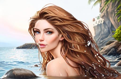 Prompt: realistic portrait of a mermaid half woman half fish tail longer than the torso, frolicking sitting on the rocks above the water, wet hair, perfect proportion,  Defined face, perfect eyes, beautiful face, well detailed and defined, defined, sensual lips with a beautiful smile, hair with a brown color gradient to gold balayage, 