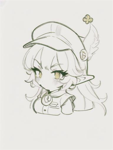 Prompt: chibi elf girl with a cute face, angry pouting, yellow hair, big red eyes, (wears a red Gavroche cap with a black visor, has a brooch on the left of the cap, 2 long white feathers come out of the brooch), the cap Gavroche has an embroidery on the front with a 4-leaf clover, waves her arms to the sides in frustration, she wears a red trench coat with a hood and a light brown or cream colored scarf, her hands are in fists, she is carrying a bag brown from which hangs a cream-colored wool doll similar to a ball, a white baggy shorts, 2 legs with brown shoes