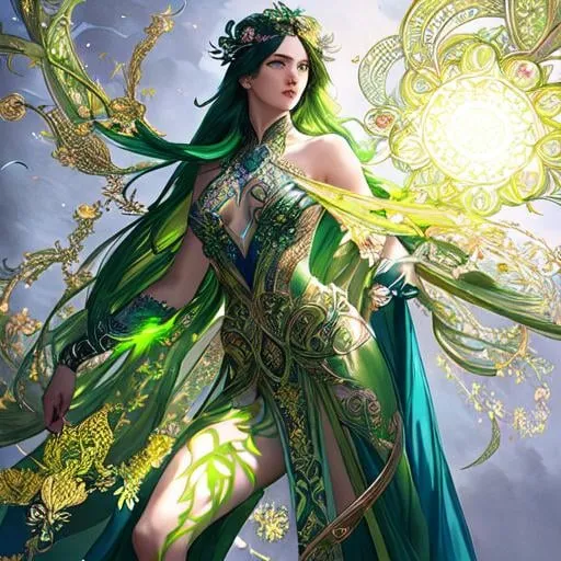 Prompt: Detailed eyes flawless eyes Gorgeous chartreuse greenest hair natural lime flair goddess, intricate, dramatic full body pose, magnificent, masterpiece, by minjae lee, by James jean, by WLOP, mucha, Waterhouse, by eve ventrue, by anna dittmann, by Alessio Albi, dynamic lighting, green, emeralds