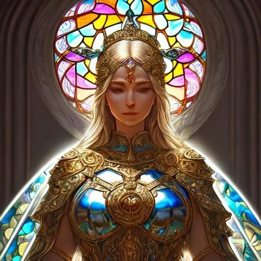 Prompt: stain glass window of goddess warrior, light shiny through, intricate, elegant, highly detailed, digital painting, sharp focus, realistic, hyperrealistic, cinematic, illustration, 16k, UHD, HDR,(Masterpiece:1.5), Absurdres, (best quality:1.5)