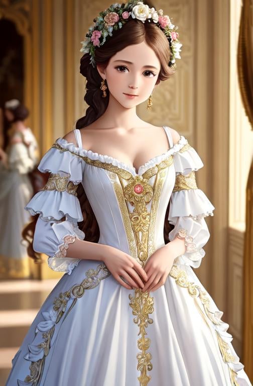 Prompt: The artwork is also infused with elements of various art movements, such as Rococo, Baroque, and Art Nouveau. The girl's gown features intricate patterns and ornate embellishments that are reminiscent of Rococo and Baroque styles, while the flowers and garden elements incorporate the flowing lines and organic shapes of Art Nouveau. 