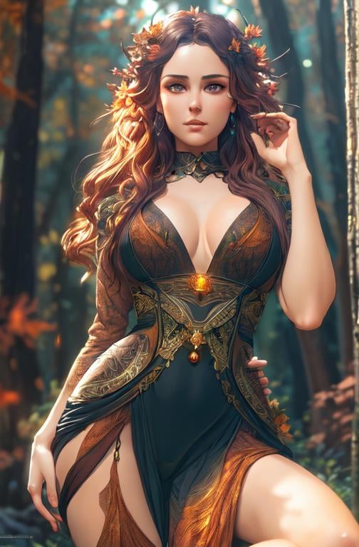 Prompt: dryads autumnal feminine great beauty and very beautiful physical features, just behind her oak surrounded by a thick autumnal forest volumetric soft lighting warm colors 8k resolution by Greg Rutkowski, Artgerm, Alphonse Mucha dynamic lighting hyperdetailed intricately detailed Splash art trending on Artstation Unreal Engine 5 volumetric lighting