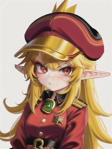 Prompt: chibi elf girl with a cute face, angry pouting, yellow hair, big red eyes, (wears a red Gavroche cap with a black visor, has a brooch on the left of the cap, 2 long white feathers come out of the brooch), the cap Gavroche has an embroidery on the front with a 4-leaf clover, waves her arms to the sides in frustration, she wears a red trench coat with a hood and a light brown or cream colored scarf, her hands are in fists, she is carrying a bag brown from which hangs a cream-colored wool doll similar to a ball, a white baggy shorts, 2 legs with brown shoes