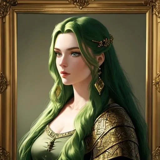 Prompt: Oil painting, Chiaroscuro, landscape, UHD, 8K, highly detailed, panned out view of the character, visible full body, a hyperdetailed Vikings tall girl, hyperdetailed large red hair, masterpiece, hyperdetailed full body, hyperdetailed feminine attractive face and nose, complete body view, ((hyperdetailed green eyes)), perfect body, perfect anatomy, beautifully detailed face, alluring smile, ((scantily clad)), golden scales. She wears a black Nordic chest with gold and silver filigree and some runes, and silver lace stockings with gold fishnet. Underneath she wears a whit robe covered in runes (She is looking through a window of a high tower in an elven kingdom). 