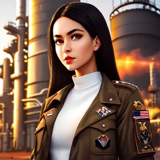 Prompt: Analog style body portrait+ style ; war girl, wearing baggy pants and military uniform visiting fuel refinery. hyper-realistic 8k shot of the day, beautiful morning hour high resolution. Hazel golden tan muted colored eyes. Long black hair. Shadow eyeliner. Predatory gaze. Fractals in irises of eyes. Natural muted colored lips. Pale skin.