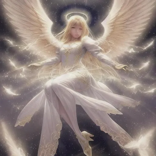 Prompt: Angel, beautiful face, detailed face, blonde, shining, holy light background, wide white wings, full body, mythical, fantasy, elegant, hyperrealism, highly detailed, intricate detailed,dynamic lighting, 4K, HD.