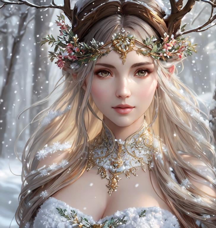 Prompt: dryads winter feminine great beauty and very beautiful physical features, just behind her a winter forest in full transition to spring, flowers growing snow melting volumetric soft lighting cold colors 8k resolution by Greg Rutkowski, Artgerm, Alphonse Mucha dynamic lighting hyperdetailed intricately detailed Splash art trending on Artstation Unreal Engine 5 volumetric lighting