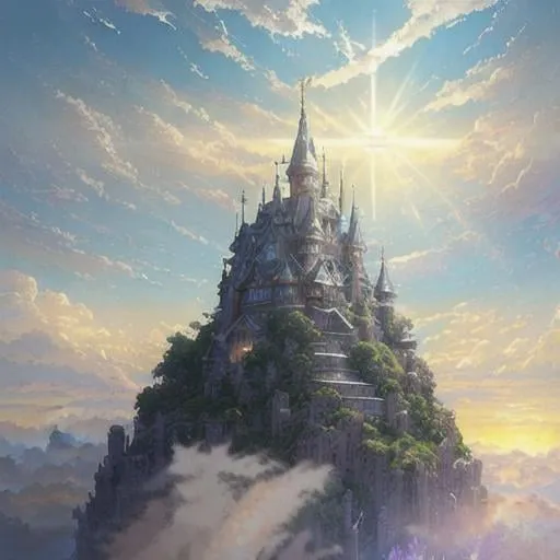 Prompt: fantastic ultra-detailed iron and leather warrior and floating castle heavenly sunshine beams divine bright soft focus holy in the clouds ethereal fantasy hyperdetailed mist Thomas Kinkade Studio Ghibli Anime Key Visual by Makoto Shinkai Deep Color Intricate Natural Lighting Beautiful Composition Epic brilliant stunning meticulously detailed dramatic atmospheric maximalist by artist Tamako Nakamura Anime Key Visual Japanese Manga Pixiv Zerochan Anime art Fantia