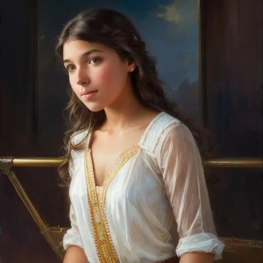 Prompt:    A young girl, with chocolate brown hair that goes all the way down to my bottom, hazel brown eyes and light dark tan skin extremely detailed, realistic. Krenz Cushart + loish +gaston bussiere +craig mullins, j. c. leyendecker +Artgerm, oil painting texture oil painting effect Krenz Cushart + loish +gaston bussiere +craig mullins, j. c. leyendecker +Artgerm, oil painting texture.