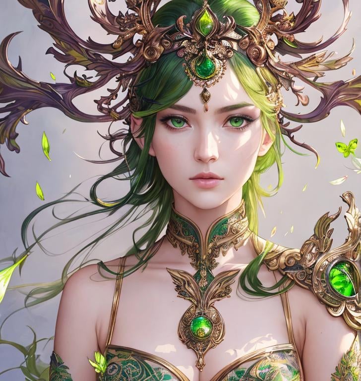 Prompt: Detailed eyes flawless eyes Gorgeous chartreuse greenest hair natural lime flair goddess, intricate, dramatic full body pose, magnificent, masterpiece, by minjae lee, by James jean, by WLOP, mucha, Waterhouse, by eve ventrue, by anna dittmann, by Alessio Albi, dynamic lighting, green, emeralds