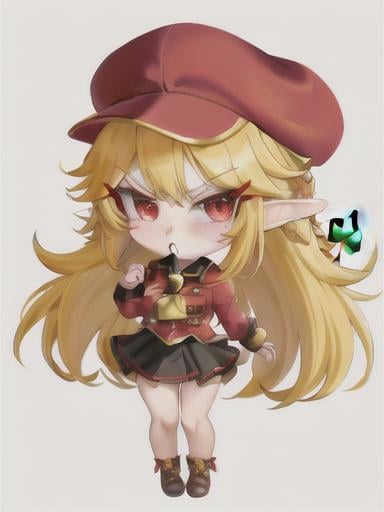 Prompt: chibi elf girl with a cute face, angry pouting, yellow hair, big red eyes, (wears a red Gavroche cap with a black visor, has a brooch on the left of the cap, 2 long white feathers come out of the brooch), the cap Gavroche has an embroidery on the front with a 4-leaf clover, waves her arms to the sides in frustration, she wears a red trench coat with a hood and a light brown or cream colored scarf, her hands are in fists, she is carrying a bag brown from which hangs a cream-colored wool doll similar to a ball, a white baggy shorts, 2 legs with brown shoes