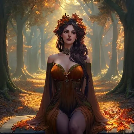 Prompt: dryads autumnal feminine great beauty and very beautiful physical features, just behind her oak surrounded by a thick autumnal forest volumetric soft lighting warm colors 8k resolution by Greg Rutkowski, Artgerm, Alphonse Mucha dynamic lighting hyperdetailed intricately detailed Splash art trending on Artstation Unreal Engine 5 volumetric lighting