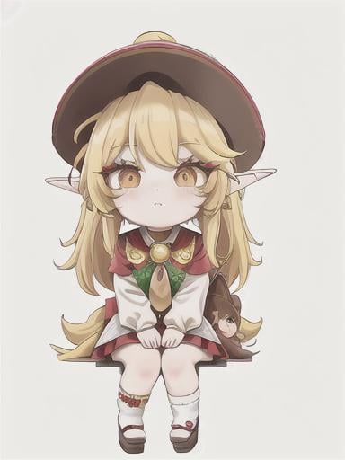 Prompt: chibi elf girl with a tender face, sitting in front of a table, yellow hair, large contrasting eyes between brown and red, wears a red Gavroche Cap with a black visor that has a brooch on the left from which 2 long white feathers come out, the Cap Gavroche, in addition to the brooch, has an embroidery in the center of the front with a 4-leaf clover, his large eyes have anime-style flashes of light, his mouth is open and wobbly watching a delicious fish dish on the table while it drains from him a little drool, she wears a red raincoat with a hood and a light brown or cream scarf, her hands are in fists holding a fork in the left and a knife in the right while she raises her arms ready to eat, she is carrying a brown bag from which A cream-colored wool doll similar to a ball hangs, on the plate on the table is a delicious Japanese baked fish. vibrant colors.