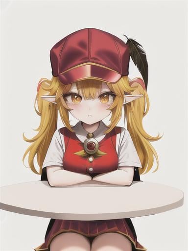 Prompt: chibi elf girl with a tender face, sitting in front of a table, yellow hair, large contrasting eyes between brown and red, wears a red Gavroche Cap with a black visor that has a brooch on the left from which 2 long white feathers come out, the Cap Gavroche, in addition to the brooch, has an embroidery in the center of the front with a 4-leaf clover, his large eyes have anime-style flashes of light, his mouth is open and wobbly watching a delicious fish dish on the table while it drains from him a little drool, she wears a red raincoat with a hood and a light brown or cream scarf, her hands are in fists holding a fork in the left and a knife in the right while she raises her arms ready to eat, she is carrying a brown bag from which A cream-colored wool doll similar to a ball hangs, on the plate on the table is a delicious Japanese baked fish. vibrant colors.