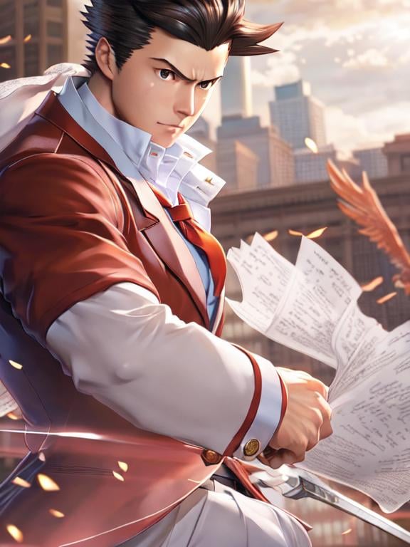 Prompt: phoenix wright, Full-body detailed masterpiece,  high-res, quality upscaled image, perfect composition, highly detailed, intricate details, beautiful, flawless, masterpiece, soft dramatic moody lighting, ultra high quality octane, hypermaximalist.