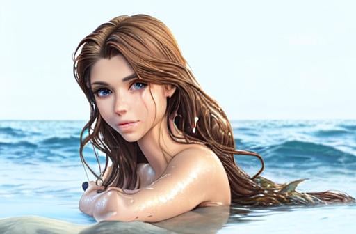 Prompt: realistic portrait of a mermaid half woman half fish tail longer than the torso, frolicking sitting on the rocks above the water, wet hair, perfect proportion,  Defined face, perfect eyes, beautiful face, well detailed and defined, defined, sensual lips with a beautiful smile, hair with a brown color gradient to gold balayage, 