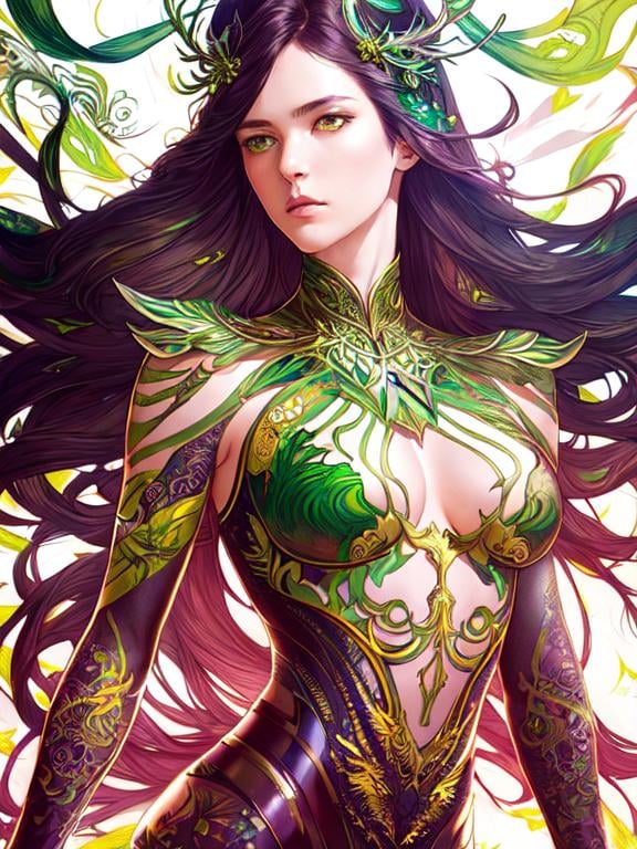 Prompt: Detailed eyes flawless eyes Gorgeous chartreuse greenest hair natural lime flair goddess, intricate, dramatic full body pose, magnificent, masterpiece, by minjae lee, by James jean, by WLOP, mucha, Waterhouse, by eve ventrue, by anna dittmann, by Alessio Albi, dynamic lighting, green, emeralds