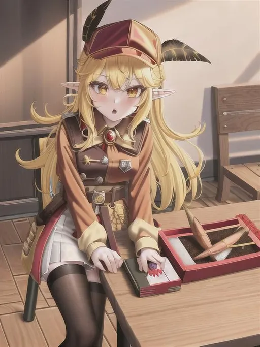 Prompt: chibi elf girl with a tender face, sitting in front of a table, yellow hair, large contrasting eyes between brown and red, wears a red Gavroche Cap with a black visor that has a brooch on the left from which 2 long white feathers come out, the Cap Gavroche, in addition to the brooch, has an embroidery in the center of the front with a 4-leaf clover, his large eyes have anime-style flashes of light, his mouth is open and wobbly watching a delicious fish dish on the table while it drains from him a little drool, she wears a red raincoat with a hood and a light brown or cream scarf, her hands are in fists holding a fork in the left and a knife in the right while she raises her arms ready to eat, she is carrying a brown bag from which A cream-colored wool doll similar to a ball hangs, on the plate on the table is a delicious Japanese baked fish. vibrant colors.