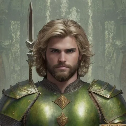 Prompt: male fantasy warrior, very handsome, medium musculature, dirty blonde, short wavy hair and short trimmed beard, full leather armor, very detailed eyes, UHD, 64K, sharp focus, studio photo, intricate details, highly detailed