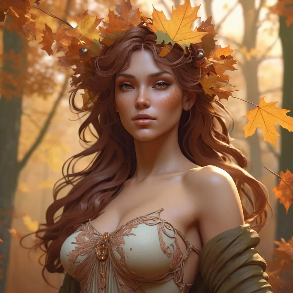 Prompt: dryads autumnal feminine great beauty and very beautiful physical features, just behind her oak surrounded by a thick autumnal forest volumetric soft lighting warm colors 8k resolution by Greg Rutkowski, Artgerm, Alphonse Mucha dynamic lighting hyperdetailed intricately detailed Splash art trending on Artstation Unreal Engine 5 volumetric lighting