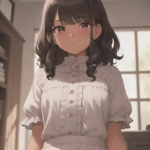 Prompt: (masterpiece, illustration, best quality:1.2), 1girl, solo, tanned skin, (petite body, white blouse, dark brown shorts:1.3), curly hair, stray hairs, fluffy bangs, playful demeanor, shorts, ruffles, foggy black eyes, dark brown hair, finely detailed, detailed face, toned face, beautiful detailed eyes, beautiful detailed shading, beautifully detailed background, rainstorm 