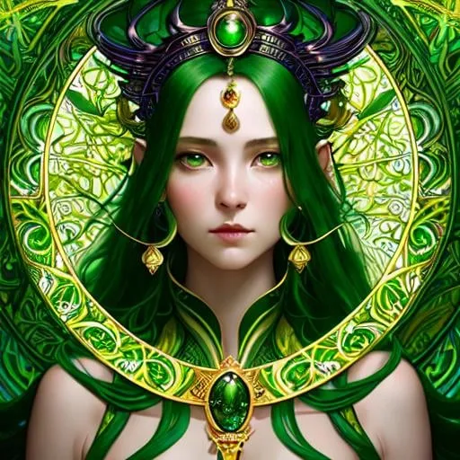 Prompt: Detailed eyes flawless eyes Gorgeous chartreuse greenest hair natural lime flair goddess, intricate, dramatic pose, magnificent, masterpiece portrait by tom bagshaw, by minjae lee, by James jean, by WLOP, mucha, Waterhouse, by eve ventrue, by anna dittmann, by Alessio Albi, dynamic lighting, green, emeralds