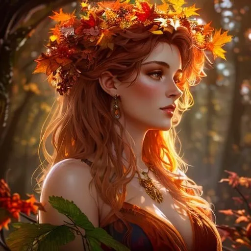 Prompt: dryads autumnal feminine great beauty and very beautiful physical features, just behind her oak surrounded by a thick autumnal forest volumetric soft lighting warm colors 8k resolution by Greg Rutkowski, Artgerm, Alphonse Mucha dynamic lighting hyperdetailed intricately detailed Splash art trending on Artstation Unreal Engine 5 volumetric lighting