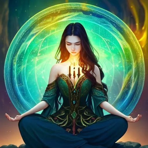 Prompt: Midnight, Front-facing Photo of Grace Fulton Meditating deep Underground, Eyes Shut, Backlit by Floating Arcane Runes, Long Elegant Hair, Serene Meditative Expression, Professional Smokey Makeup, Deep Cleavage, as a Barbarian Archmage wearing a Long Extravagant Shamanic Dress and Extravagant Tribal Jewelry, Center-frame, Nighttime, bokeh, intricate hyperdetailed illustration by Artgerm and Warren Louw and Glenn Rane, professional photography, maximalist photo illustration, (high detailed skin:1.2), 8k uhd, dslr, high quality, Fujifilm XT3