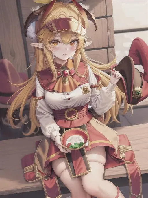 Prompt: chibi elf girl with a tender face, sitting in front of a table, yellow hair, large contrasting eyes between brown and red, wears a red Gavroche Cap with a black visor that has a brooch on the left from which 2 long white feathers come out, the Cap Gavroche, in addition to the brooch, has an embroidery in the center of the front with a 4-leaf clover, his large eyes have anime-style flashes of light, his mouth is open and wobbly watching a delicious fish dish on the table while it drains from him a little drool, she wears a red raincoat with a hood and a light brown or cream scarf, her hands are in fists holding a fork in the left and a knife in the right while she raises her arms ready to eat, she is carrying a brown bag from which A cream-colored wool doll similar to a ball hangs, on the plate on the table is a delicious Japanese baked fish. vibrant colors.