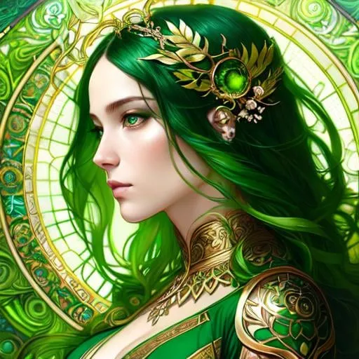 Prompt: Detailed eyes flawless eyes Gorgeous chartreuse greenest hair natural lime flair goddess, intricate, dramatic pose, magnificent, masterpiece portrait by tom bagshaw, by minjae lee, by James jean, by WLOP, mucha, Waterhouse, by eve ventrue, by anna dittmann, by Alessio Albi, dynamic lighting, green, emeralds