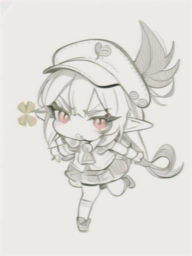 Prompt: chibi elf girl with a cute face, angry pouting, yellow hair, big red eyes, (wears a red Gavroche cap with a black visor, has a brooch on the left of the cap, 2 long white feathers come out of the brooch), the cap Gavroche has an embroidery on the front with a 4-leaf clover, waves her arms to the sides in frustration, she wears a red trench coat with a hood and a light brown or cream colored scarf, her hands are in fists, she is carrying a bag brown from which hangs a cream-colored wool doll similar to a ball, a white baggy shorts, 2 legs with brown shoes