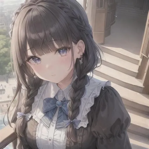 Prompt: ((best quality)), masterpiece, (extremely detailed face), facing viewer, view from above, (1 girl), ((((((glazed stair)))))), single braid, blunt bangs