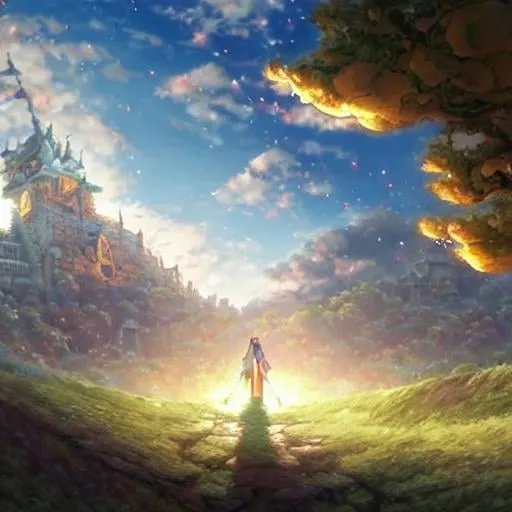 Prompt: warriors rpg game and floating castle heavenly sunshine beams divine bright soft focus holy in the clouds ethereal fantasy hyperdetailed mist Thomas Kinkade Studio Ghibli Anime Key Visual by Makoto Shinkai Deep Color Intricate Natural Lighting Beautiful Composition Epic brilliant stunning meticulously detailed dramatic atmospheric maximalist by artist Tamako Nakamura Anime Key Visual Japanese Manga Pixiv Zerochan Anime art Fantia