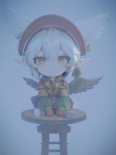 Prompt: chibi elf girl with a tender face, sitting in front of a table, yellow hair, large contrasting eyes between brown and red, wears a red Gavroche Cap with a black visor that has a brooch on the left from which 2 long white feathers come out, the Cap Gavroche, in addition to the brooch, has an embroidery in the center of the front with a 4-leaf clover, his large eyes have anime-style flashes of light, his mouth is open and wobbly watching a delicious fish dish on the table while it drains from him a little drool, she wears a red raincoat with a hood and a light brown or cream scarf, her hands are in fists holding a fork in the left and a knife in the right while she raises her arms ready to eat, she is carrying a brown bag from which A cream-colored wool doll similar to a ball hangs, on the plate on the table is a delicious Japanese baked fish.