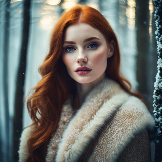 Prompt: close up of a european woman, ginger hair, winter forest, natural skin texture, 24mm, 4k textures, soft cinematic light, RAW photo, photorealism, photorealistic, intricate, elegant, highly detailed, sharp focus, ((((cinematic look)))), soothing tones, insane details, intricate details, hyperdetailed, low contrast, soft cinematic light, dim colors, exposure blend, hdr, faded