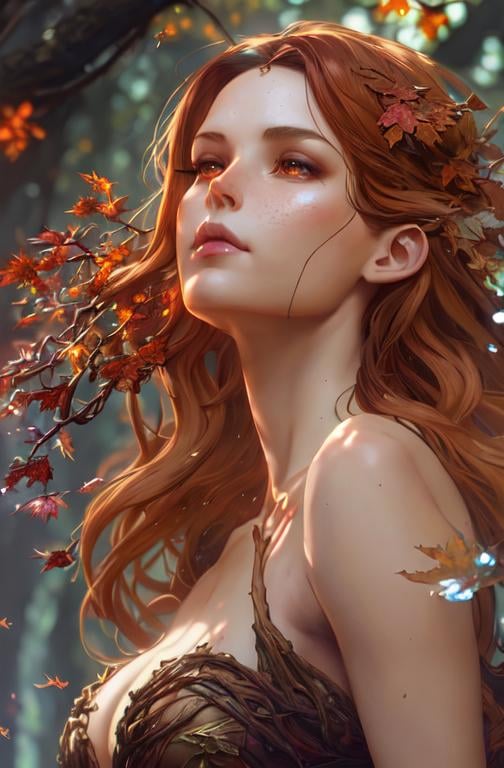 Prompt: dryads autumnal feminine great beauty and very beautiful physical features, just behind her oak surrounded by a thick autumnal forest volumetric soft lighting warm colors 8k resolution by Greg Rutkowski, Artgerm, Alphonse Mucha dynamic lighting hyperdetailed intricately detailed Splash art trending on Artstation Unreal Engine 5 volumetric lighting