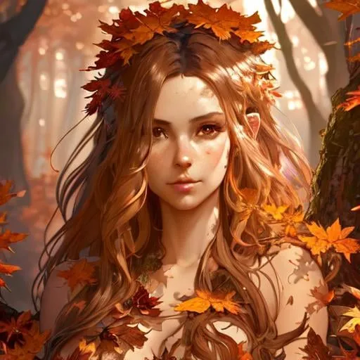 Prompt: dryads autumnal feminine great beauty and very beautiful physical features, just behind her oak surrounded by a thick autumnal forest volumetric soft lighting warm colors 8k resolution by Greg Rutkowski, Artgerm, Alphonse Mucha dynamic lighting hyperdetailed intricately detailed Splash art trending on Artstation Unreal Engine 5 volumetric lighting