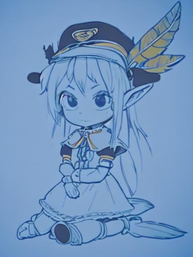 Prompt: chibi elf girl with a tender face, sitting in front of a table, yellow hair, large contrasting eyes between brown and red, wears a red Gavroche Cap with a black visor that has a brooch on the left from which 2 long white feathers come out, the Cap Gavroche, in addition to the brooch, has an embroidery in the center of the front with a 4-leaf clover, his large eyes have anime-style flashes of light, his mouth is open and wobbly watching a delicious fish dish on the table while it drains from him a little drool, she wears a red raincoat with a hood and a light brown or cream scarf, her hands are in fists holding a fork in the left and a knife in the right while she raises her arms ready to eat, she is carrying a brown bag from which A cream-colored wool doll similar to a ball hangs, on the plate on the table is a delicious Japanese baked fish.