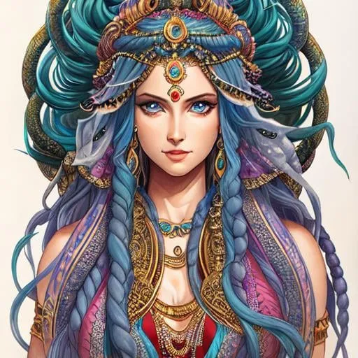 Prompt: A full figure, hyper detailed water colour illustration of a slender Medusa, gorgon, vipers, indian goddess, highly detailed in the style of Jonathan Bruns, 8k
