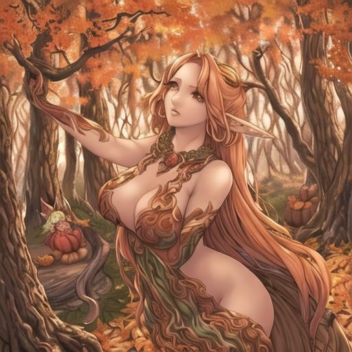 Prompt: dryads autumnal feminine great beauty and very beautiful physical features, just behind her oak surrounded by a thick autumnal forest volume