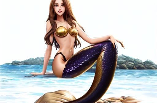 Prompt: beautiful female girl woman mermaid of magnificent face, slender body, Defined face, perfect eyes, beautiful face, well detailed and defined, defined, sensual lips with a beautiful smile and beautiful teeth, hair with a brown color gradient to gold balayage, proportionate body, frolicking sitting on the rocks above the water